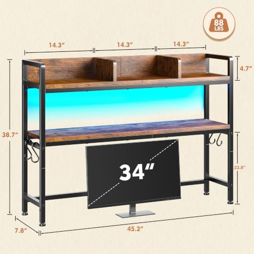 REIBII 2-Tier Desk Shelf, LED, Bedroom and Home Office, Rustic Brown
