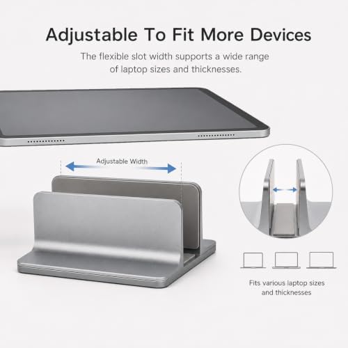 Vertical Laptop Stand Holder, Aluminum Adjustable Laptop Storage Rack, Space Saving Desktop Laptop Holder for MacBook, Surface, Samsung, HP, Dell up to 17.3 inches (Grey)
