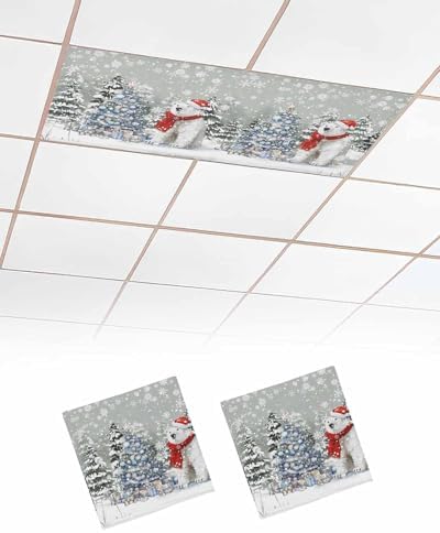 Gray Christmas Magnetic Fluorescent Light Covers for Ceiling Lights 2 x 4 Feet,Snowflakes Retro Snowy Xmas Tree Bear Office Classroom Kitchen Drop Ceiling Light Covers Filters Shade Panel 2 Packs