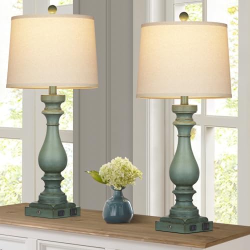 Cinkeda 29" Tall Table Lamp for Living Room Set of 2,Vintage Bedside Nightstand Lamps with USB C+A Ports & AC Outlet,3-Way Dimmable Touch Control Retro Green Desk Lamp for Bedroom,Color 4