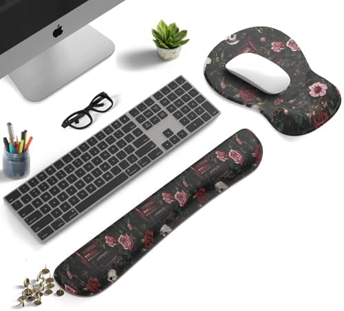 Gothic Skull Rose Ergonomic Mouse Pad with Wrist Rest & Keyboard Wrist Support Set - Non-Slip Gaming Office Desk Mat, Comfortable Memory Foam Cushion for Computer/Laptop Users, Home Office Workers