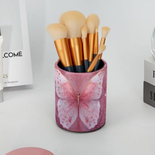 Leather Pen Holder for Desk, Pink Butterfly Pencil Cup Pen Organizer Makeup Brush Holder for Office Home Kids Countertop Desk Accessory Storage