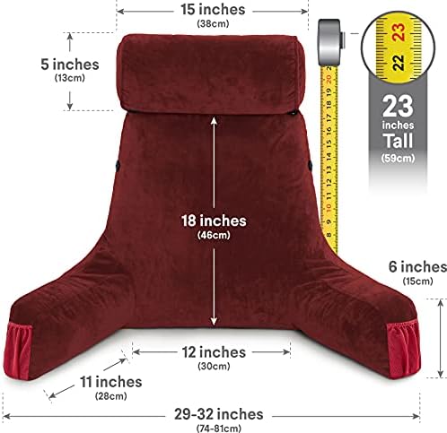 Husband Pillow Medium Reading Pillow with Arms - 23" Backrest for Sitting Up in Bed - Firm Support Bed Rest Pillow for Adults, Neck Roll, Removable Cover - TV, Reading, Lounging - Maroon