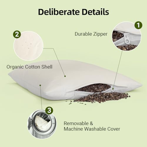 USlixury Organic Buckwheat Pillow 16x22, Adjustable Height, Neck Support