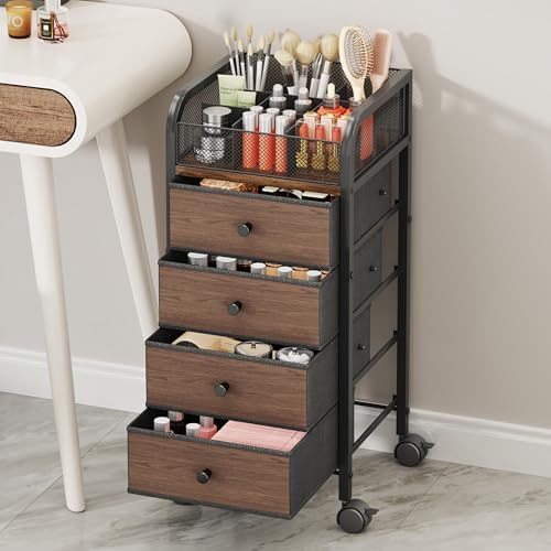 SWTYMIKI Rolling Makeup Organizer Cart - Under Desk Vanity Makeup Storage with 4 Non-woven Drawers, Nail Cart Organizer Cosmetic Display Cases Cabinet for Skin Care Perfume Nail Polish Brush Hair Tool