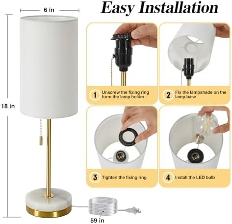 Desk Lamp & Table Lamp Set of 2, Bedside Lamps for Night Stands - Modern Small Table Lamps with Marble Base, Fabric Shade, Mini Pull Chain Bedroom Lamps for Living Room, Office, Reading (Gold)
