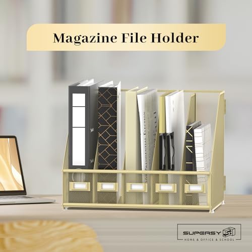 SUPEASY Desk Organizers Metal Desk Magazine File Holder with 5 Vertical Compartments Rack File Organizer for Office Desktop, Classroom, Home Workspace, Golden Yellow, Plus