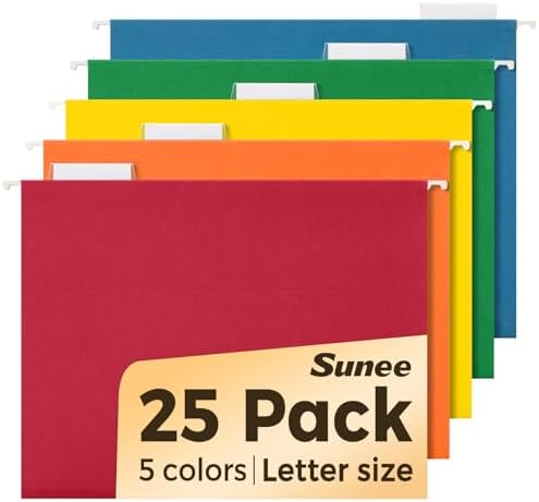SUNEE Hanging File Folders Assorted Colors, 25 Pack File Folders Letter Size with 1/5-cut Tabs, Stay Organized for Your Home and Office Bulk File and Documents