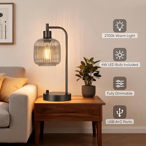 Grey Glass Table Lamps Set of 2, Dimmable Bedside Lamps for Living Room