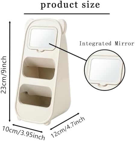 Cute Bear Pen Holder for Desk with Detachable Magnetic Mirror, Aesthetic Cream White Desk Organizer, 2-Compartment Pencil Cup Storage for Office & School