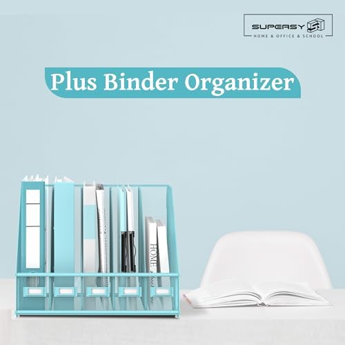 SUPEASY Desk Organizers Metal Desk Magazine File Holder with 5 Vertical Compartments Rack File Organizer for Office Desktop, Classroom, Home Workspace, Blue Plus