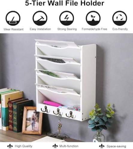 PAG-Mass 5-Tier Wall File Holder Hanging Mail Organizer Wood Magazine Literature Rack with 6 Hooks, White