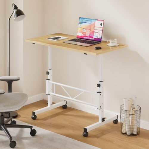 VECELO Small Standing Desk Adjustable Height, Mobile Computer Workstations with Wheels, Portable Rolling Laptop Table for Walking Pad, Home Office, Natural White
