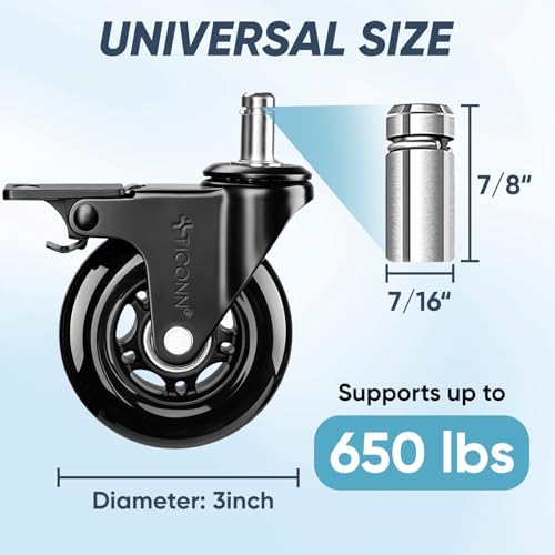 TICONN Office Chair Wheels, 3" Caster Wheels for Tile Carpets, Set of 5