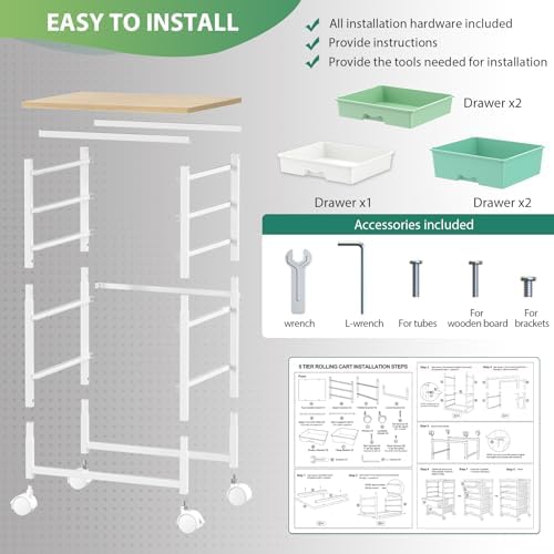 Goovilla Rolling Cart with 5 Drawers for Craft, Art, Dorm, Office, Green
