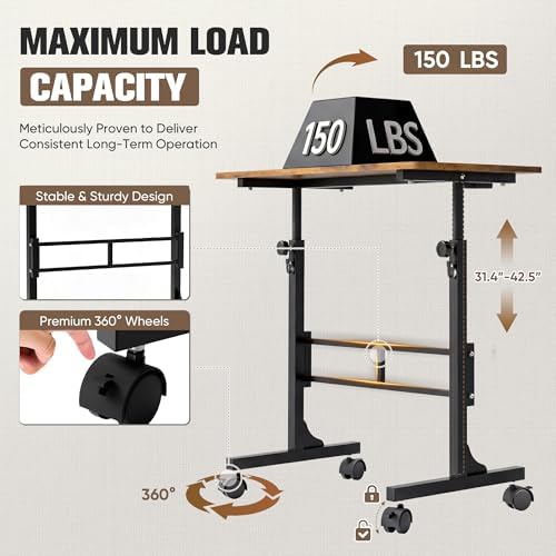 Furmax 31.4" Small Portable Standing Desk Height Adjustable with Lockable Wheels, Mobile Stand Laptop Computer Workstation for Walking Pad Treadmil (Rustic)