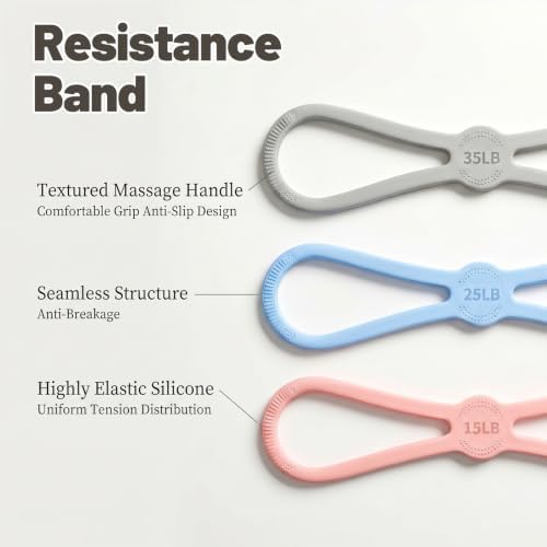 3 Pcs Figure 8 Resistance Bands for Women, Silicone Resistance Bands Figure 8 with 15-35 Lbs Tension for Arm & Shoulder Workouts (Pink, Blue, Gray, 4.4 x 19.5 in)