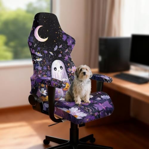 Purple Gaming Chair Cover Stretchable Game Chair Slipcovers with 2 Armrest Covers Halloween Cute Ghost Gamer Desk Chair Covers for Computer Office Seat
