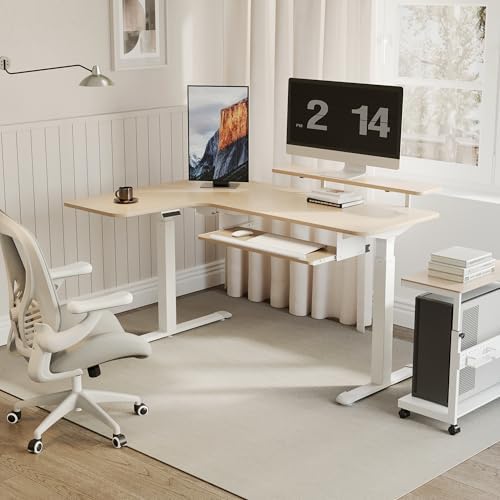 EUREKA ERGONOMIC 55 Inch L Shaped Electric Standing Desk, Height Adjustable Computer Gaming Desk with Keyboard Tray, Mouse Pad, Home Office Work, Maple Wood, Left Side