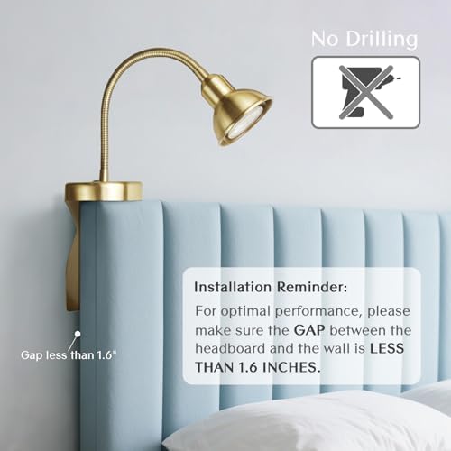 Solfres Patented Innovative Design Headboard Reading Light. No Drilling Golden Book Light for Bedtime Reading. Dimmable LED Book Reading Lamp with Bulb. Movable & Flexible, Gold