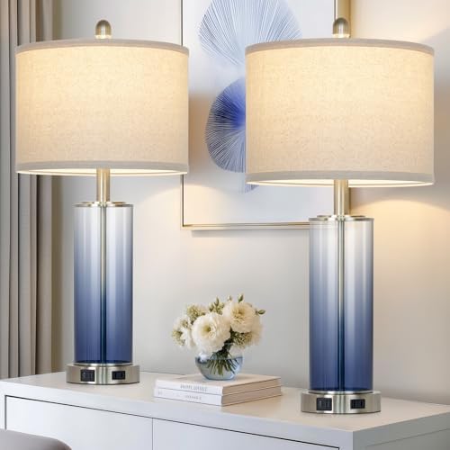 26" Coastal Blue Glass Table Lamps Set of 2, 3-Way Dimmable Touch Control Bedroom Lamp with USB C+A Ports & AC Outlet, Elegant Living Room Lamp, Nautical Bedside Lamps for Nightstand Side End Table