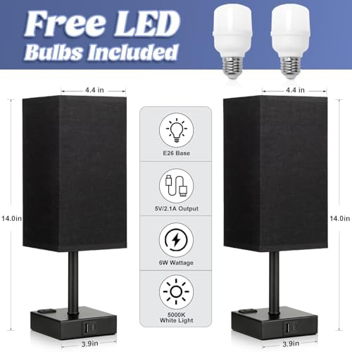 Set of 2 Black Table Lamp for Bedroom - Dimmable Touch, USB C+A, AC Outlet