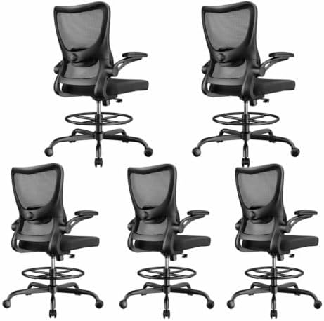 Marsail Drafting Chair, Tall Office Chair with 2D Lumbar Support, Standing Desk Chair with Padded Flip-Up Armrests & Adjustable Footrest Ring, Black,Pack of 5