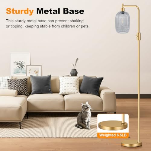【Upgraded】 Dimmable Floor Lamp for Living Room with Gray Ribbed Glass Lampshade, Gold Modern Floor Lamp with 900LM LED Bulb Included, Arc Standing Tall Lamp for Bedroom, Office, Reading Room, Corner