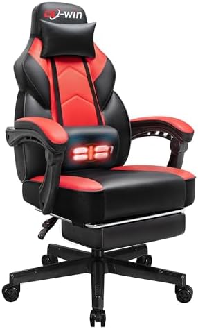 Gaming Chair, Office Chair with Footrest and Lumbar Support, Height Adjustable Game Chair with 360°-Swivel Seat and Headrest and for Office or Gaming (Deep Red)