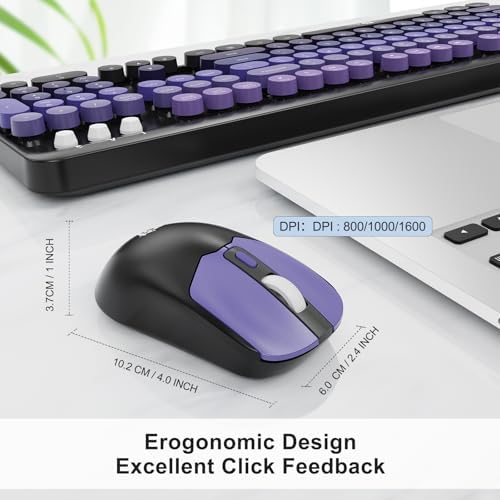 Purple Wireless Keyboard and Mouse Combo, Retro Round Keys,for PC Laptop