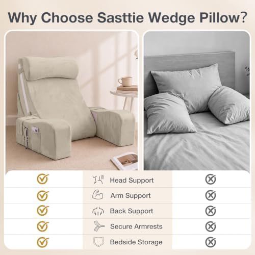 Sasttie 15-25 inch Adjustable Reading Pillow with Armrests, Beige