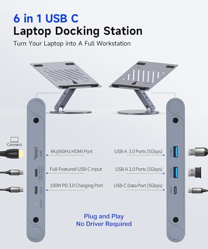 YICOSUN Laptop Stand for Desk, 360° Rotating & Height Adjustable Ergonomic Computer Riser with Aluminum Cooling Vents for 10-16 inch MacBook, Dell, Lenovo (Grey, USB-C Docking Station)