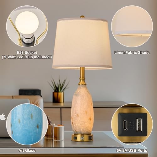 AIDENOEY 26" Modern Art Glass Table & Bedside Lamp, Stepless Dimmable Base + Dimmable 3-Color Light, USB A/C Charging Ports, Touch Control & Switch for Bedroom, Living Room, Office, Study