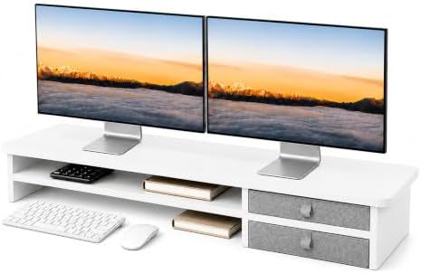 Dual Monitor Stand, 42.5 Inch Wood Monitor Riser with Drawers, 2 Tier Desktop Organizer for Computer Laptop TV, Large Screen Stand for Home Office Desk
