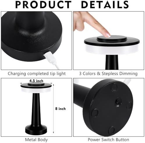 Riakrum 8 Pcs LED Cordless Table Lamp Bulk Rechargeable,Black