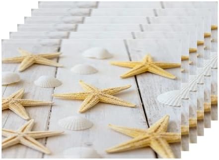 Shrahala White Beach Beige Set of 6 12 X 18 Inch Linen Placemats, Sea Shell Starfish Background Beach Shells Burlap Table Mat Washable Double Layered Heat Insulation for Indoor/Outdoor