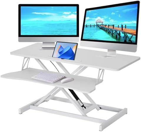 38" Desk Converter, Height Adjustable Sit to Stand Riser, 2 Monitor and Laptop Workstation with Wide Keyboard Tray, Stand Up Home Office Workstation - Rising Desk with Spring Loaded Lift, White