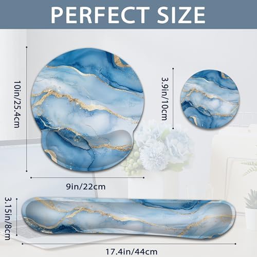 Marble Ergonomic Memory Foam Wrist Rest Set for Keyboard and Mouse,Blue Gold Flowing Marble Supportive Mouse Pad with Non Slip Base for Office Work and Gaming