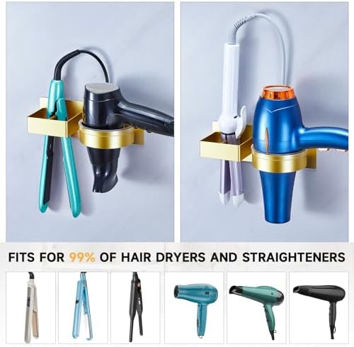Hair Dryer Holder Wall Mounted, Hair Straightener Holder, Blow Dryer Holder Adhesive, Hair Tool Organizer for Flat Iron, Hairdryer, Curling Iron Holder for Bathroom Vanity Barber Shop (Gold)