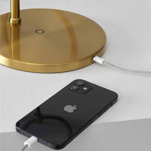 Brightech 2 Ring Lamp - 24" Dimmable LED Table Lamp with 2 Hanging Light Rings, Modern Arc Desk and Bedside Nightstand Lamp with USB-C Charging Port, 12W Warm White LED, Gold Brass