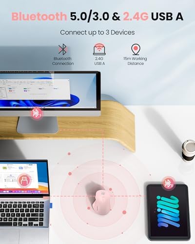 TECKNET Wireless Mouse Bluetooth 5.0/3.0 & 2.4G Rechargeable, Silent Clicks, Adjustable 4800 DPI, 6 Buttons, Ergonomic Design, Bluetooth Mouse for Laptop, Computer, ipad - Pink