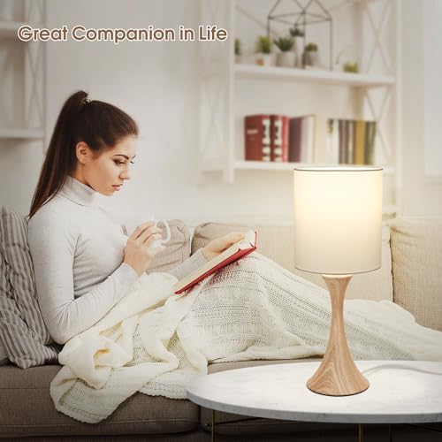 Dimmable Wood Grain Metal Table Lamp, 3 Way Touch Lamp with White Shade