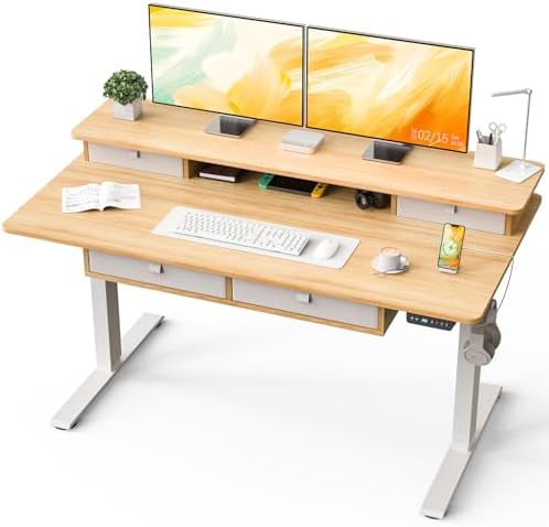 Kingant Electric Standing Desk with 4 Drawers, Height Adjustable 63"x 30"