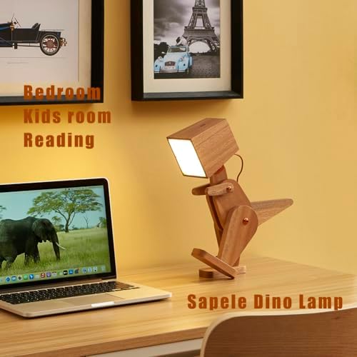 Wood Dinosaur Table Lamp, Brown, 3 Levels Dimmable Touch Switch
