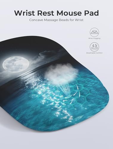 Blue Ocean and Moon Aesthetic Ergonomic Mouse Pad for Carpal Tunnel Pain Relief, 65% Usable Mouse Area, Memory Foam Concave Wrist Rest for Office, PC, Gaming