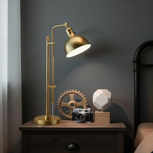 PARTPHONER Industrial Adjustable Desk Lamp for Home Office, Farmhouse Table lamp 29''-38'', Rustic Metal Task Desk Lamp in Brushed Gold Finish, Vintage Reading Lamp for Study Room，Gold