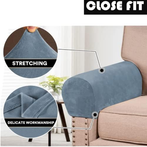 2 Pack Velvet Stretch Armrest Covers - Non Slip Sofa Chair Covers, Soft Elastic Arm Protectors for Living Room Couch, Office Chair, Recliner (Dusty Blue)