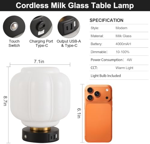 Rechargeable Table Lamp, Cordless Milk Glass Bedside Lamp Small