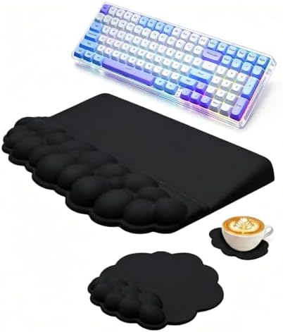 Cloud Keyboard Wrist Rest Set, 3 in 1 Ergonomic Memory Foam Keyboard Stand Pad with Mouse Wrist Support & Cup Holder, Anti-Slip Desk Cushion for Office Gaming Typing Pain Relief,Black