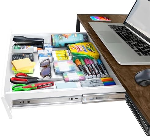 Large 23.6 Inch White Under Desk Drawer Slide Out, Great For The Office, Home And Workspace. Pencil & Undermount Pull Out Under Counter Workbench Attachable Drawer, Made Of Carbon Steel